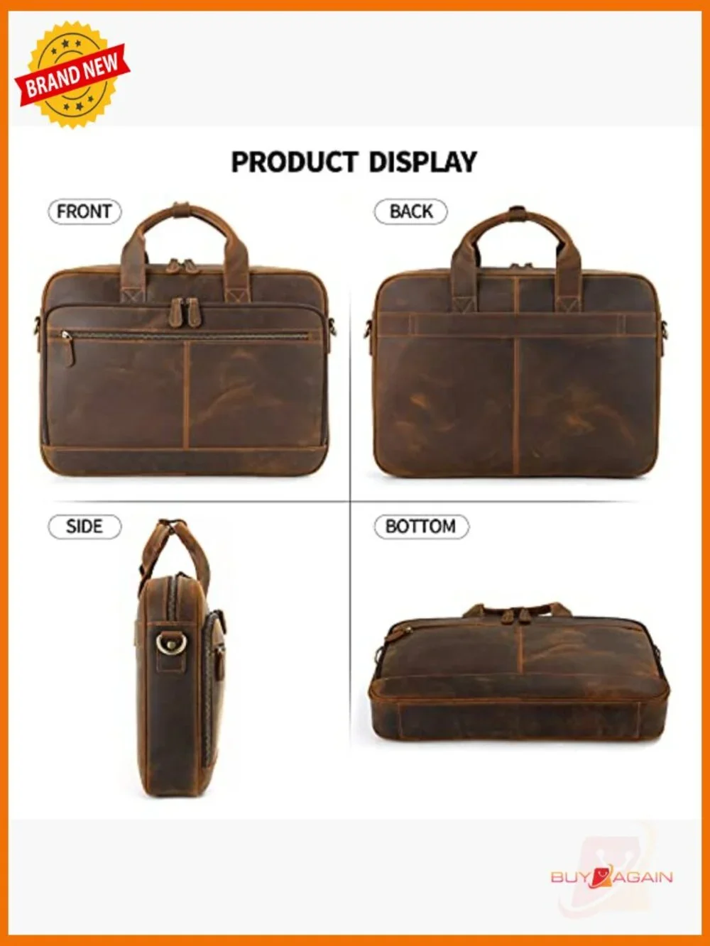 Full Grain Leather Laptop Messenger Bag Briefcase Fits 15.6 Inch